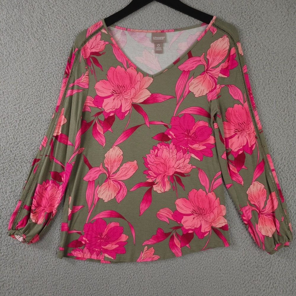 Chicos Shirt Women 0 US Small Green Pink Floral Eyelet Grid Asymmetrical Hem Top